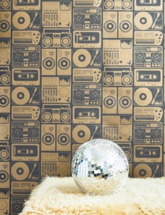 Analog Nights Designer Screen Printed Wallpaper in Eclipse 'Gold and Soft Black'