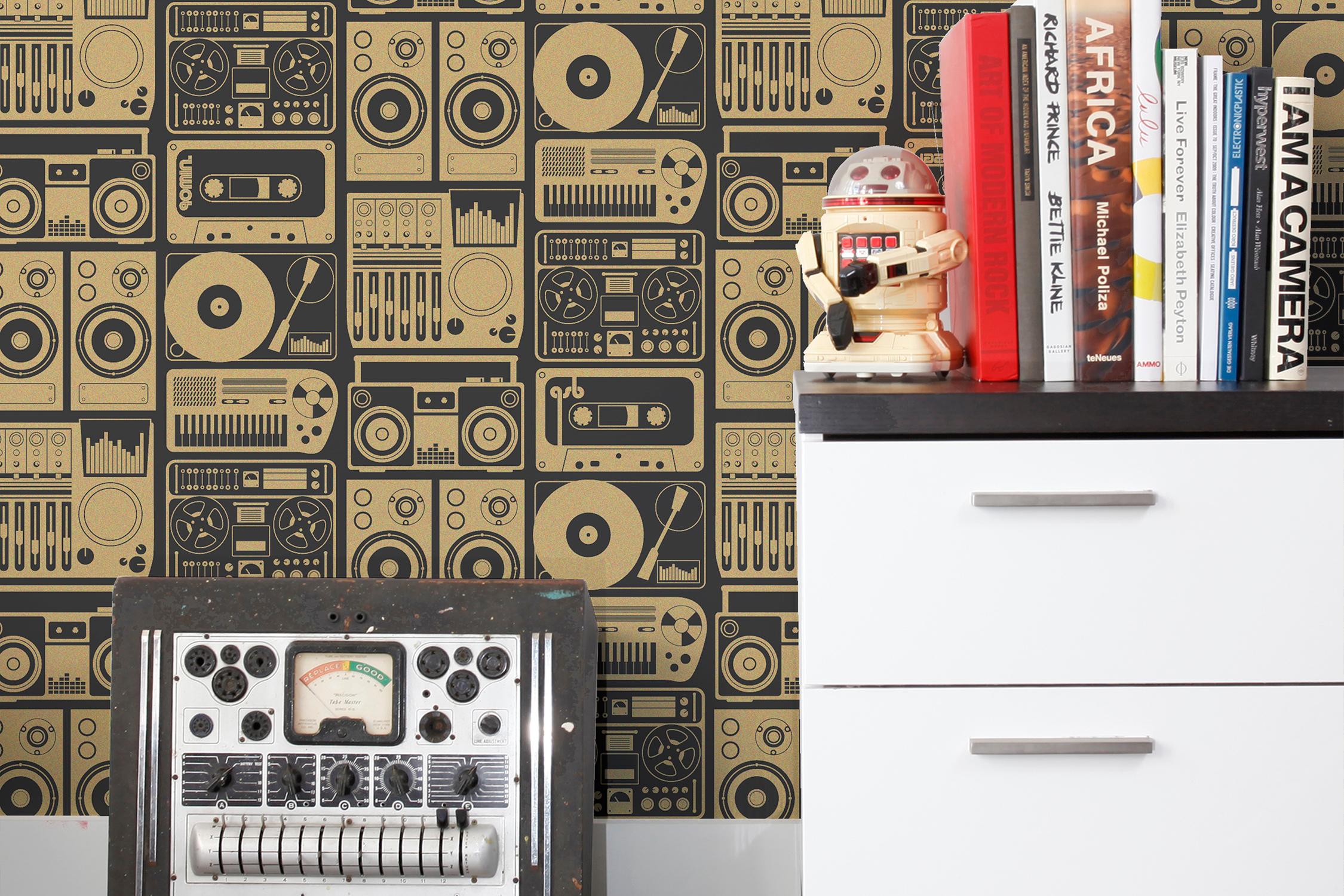 Modern Analog Nights Designer Screen Printed Wallpaper in Eclipse 'Gold and Soft Black' For Sale