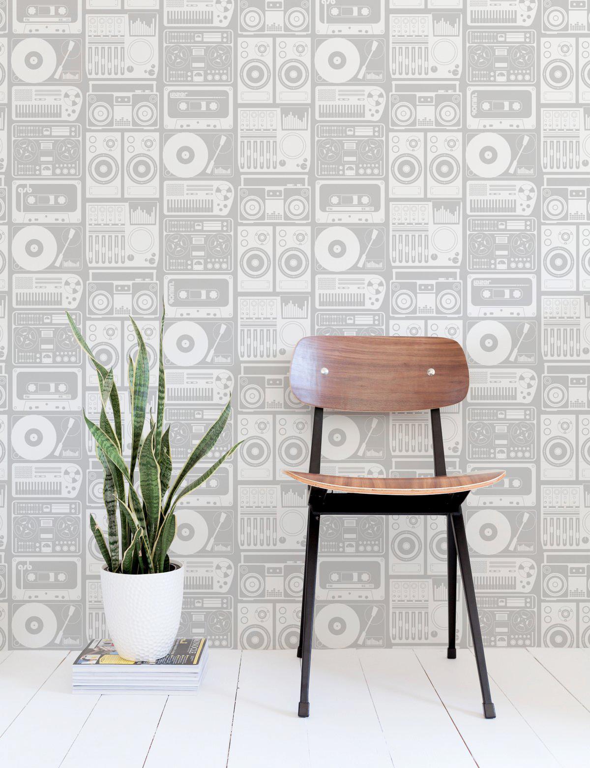 Modern Analog Nights Designer Wallpaper in Heather 'White and Mid Grey' For Sale