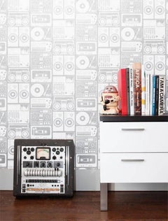 Analog Nights Screen Printed Wallpaper in Silver Cloud 'White on Silver Mylar'