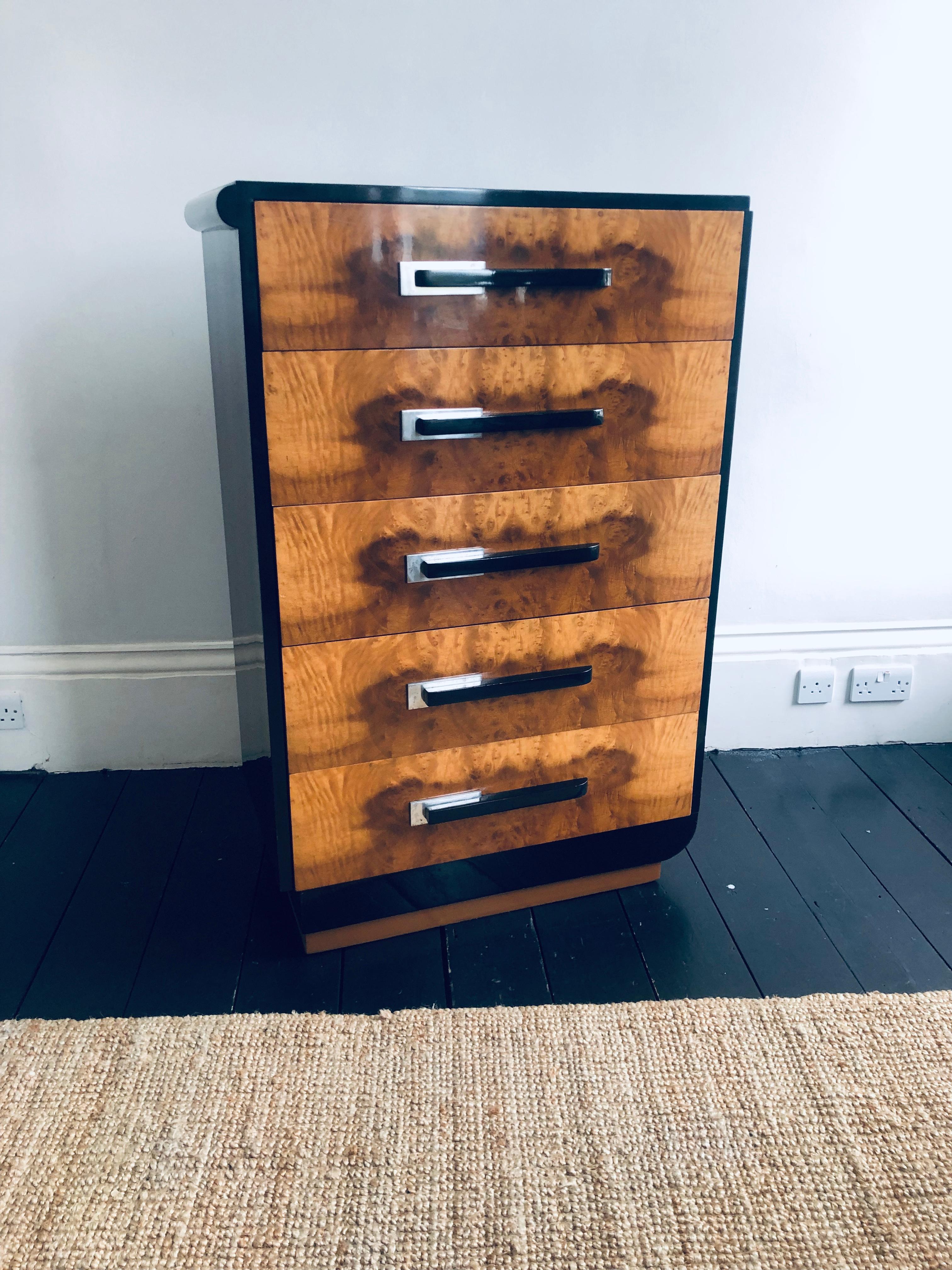 American Anamerican Grand Rapids “Art Deco” Burr Birch and Ebonized Chest For Sale