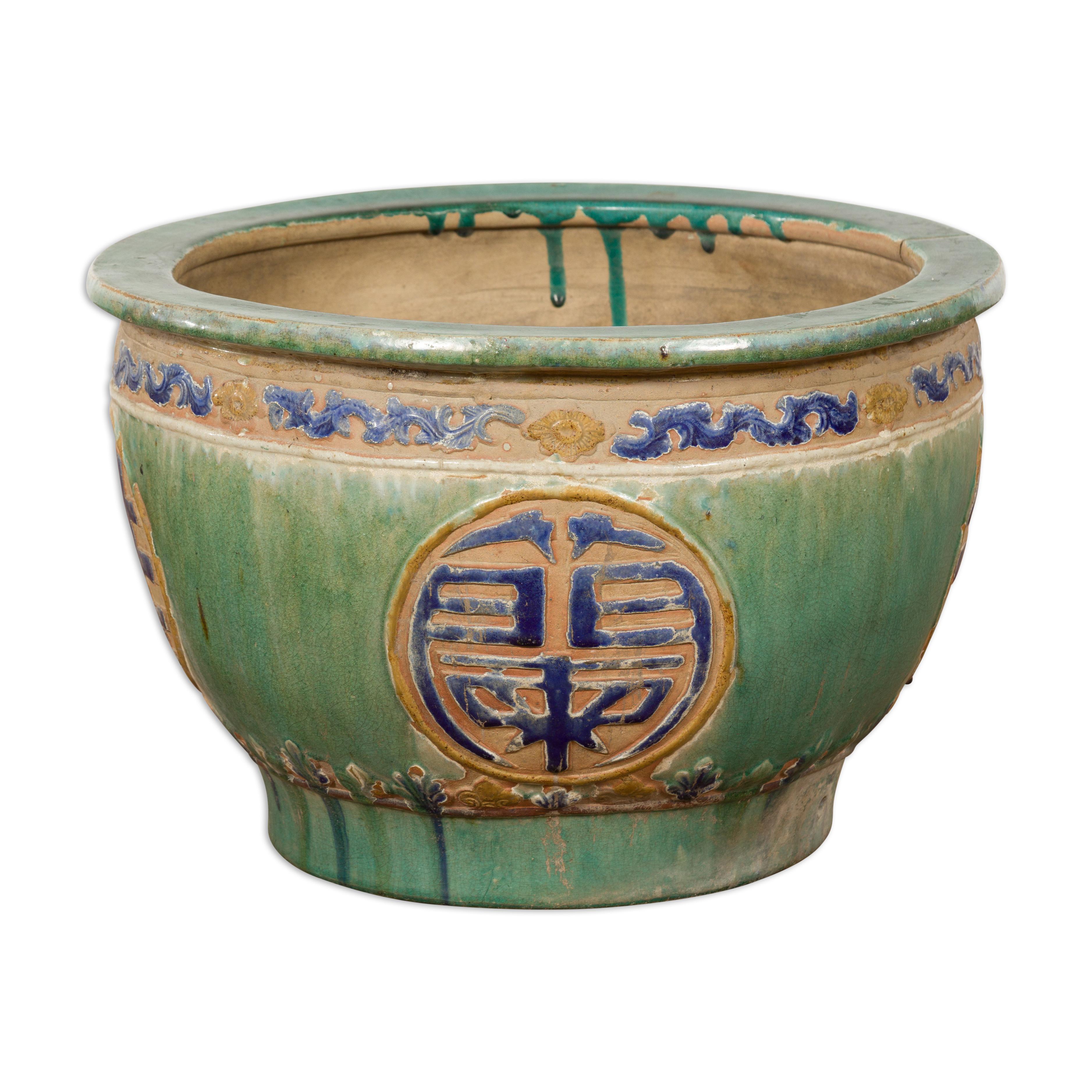 Vernissé Jardinière de jardin antique verte et bleue du 19ème siècle en vente