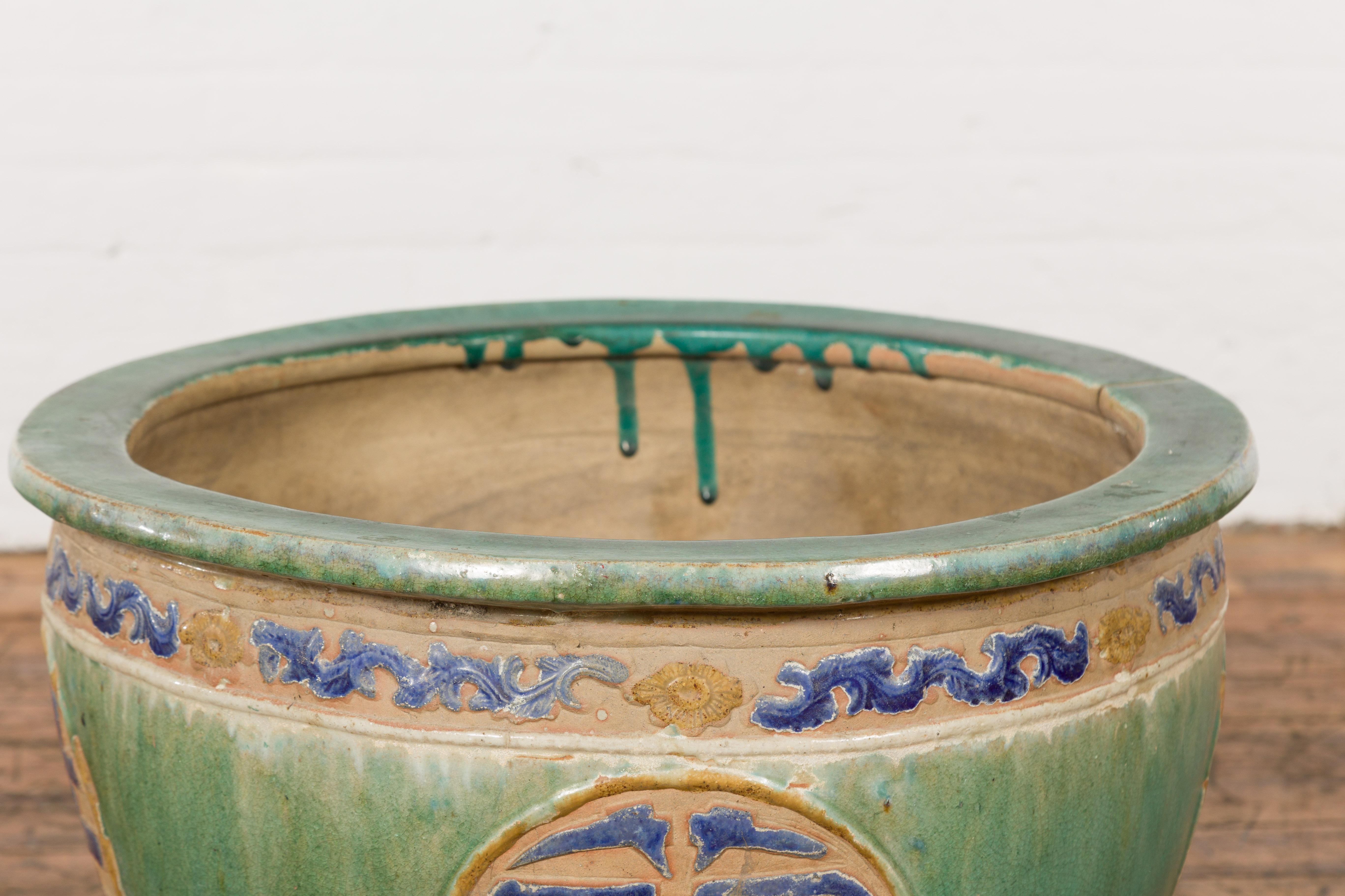 Céramique Jardinière de jardin antique verte et bleue du 19ème siècle en vente