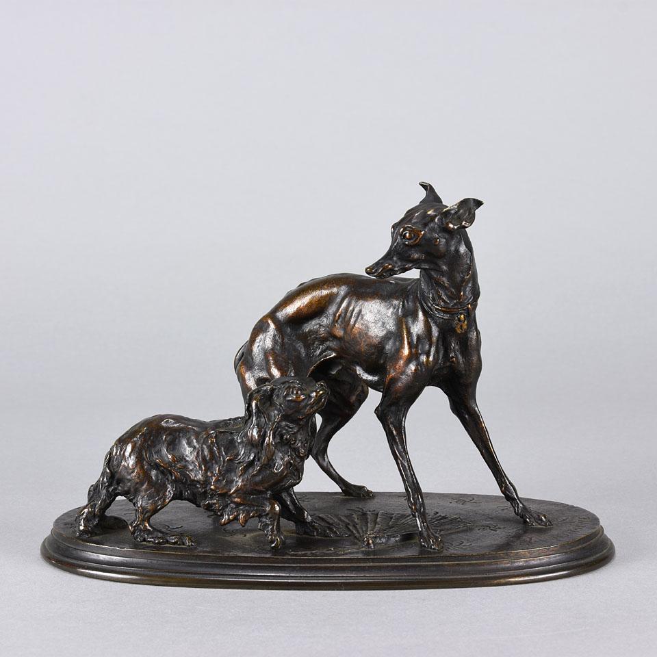 Delightful mid 19th Century French Animaliers bronze study of a playful Greyhound and King Charles Spaniel, with rich brown rubbed to a golden colour and fine hand chased surface detail. Signed P J Mene and raised on a naturalistic carpet