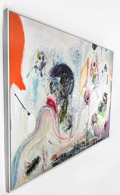 Blue Moon, heavily textured surface oil abstract painting, white blue and pink