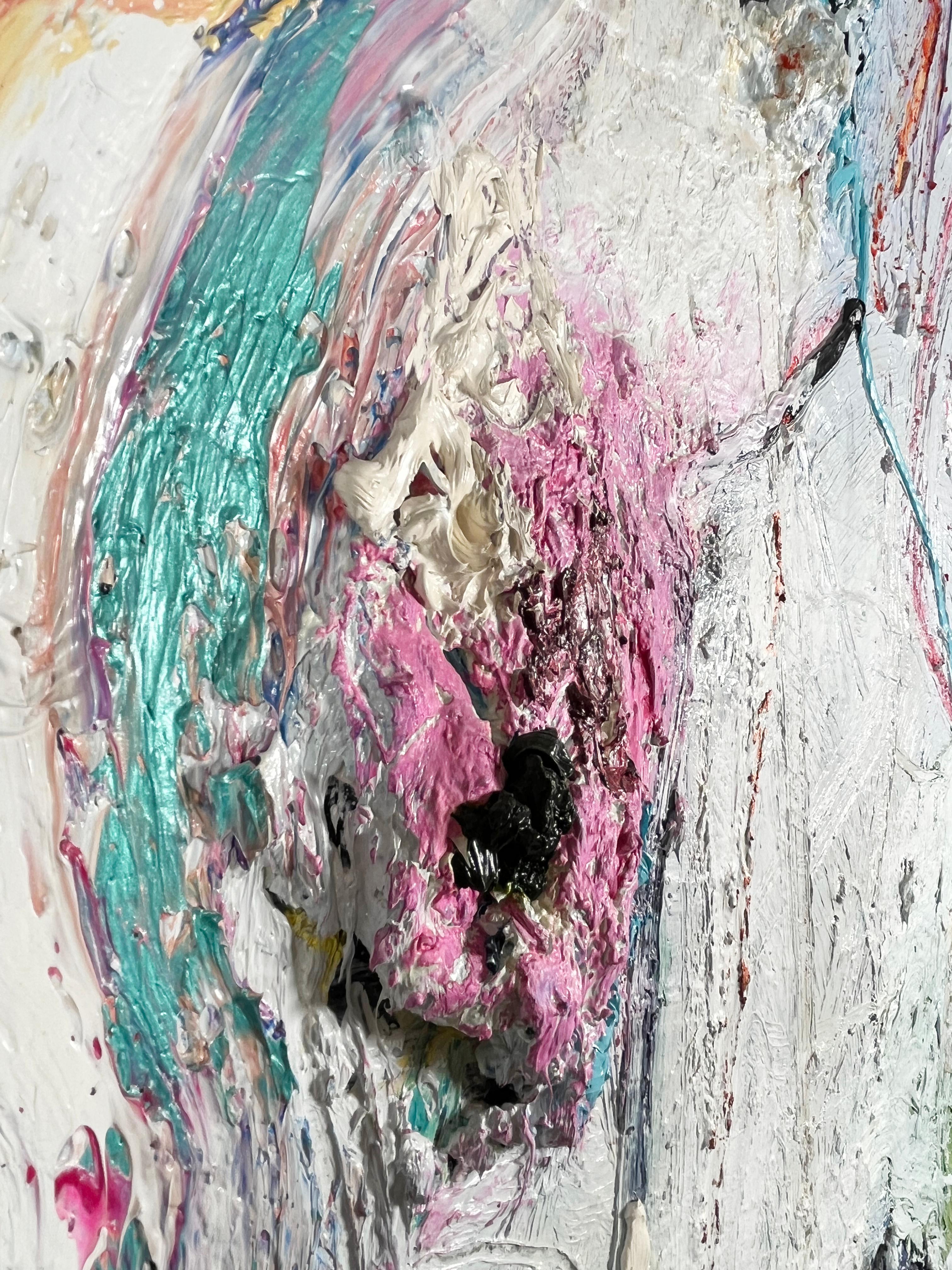 Blue Moon, heavily textured surface oil abstract painting, white blue and pink For Sale 1