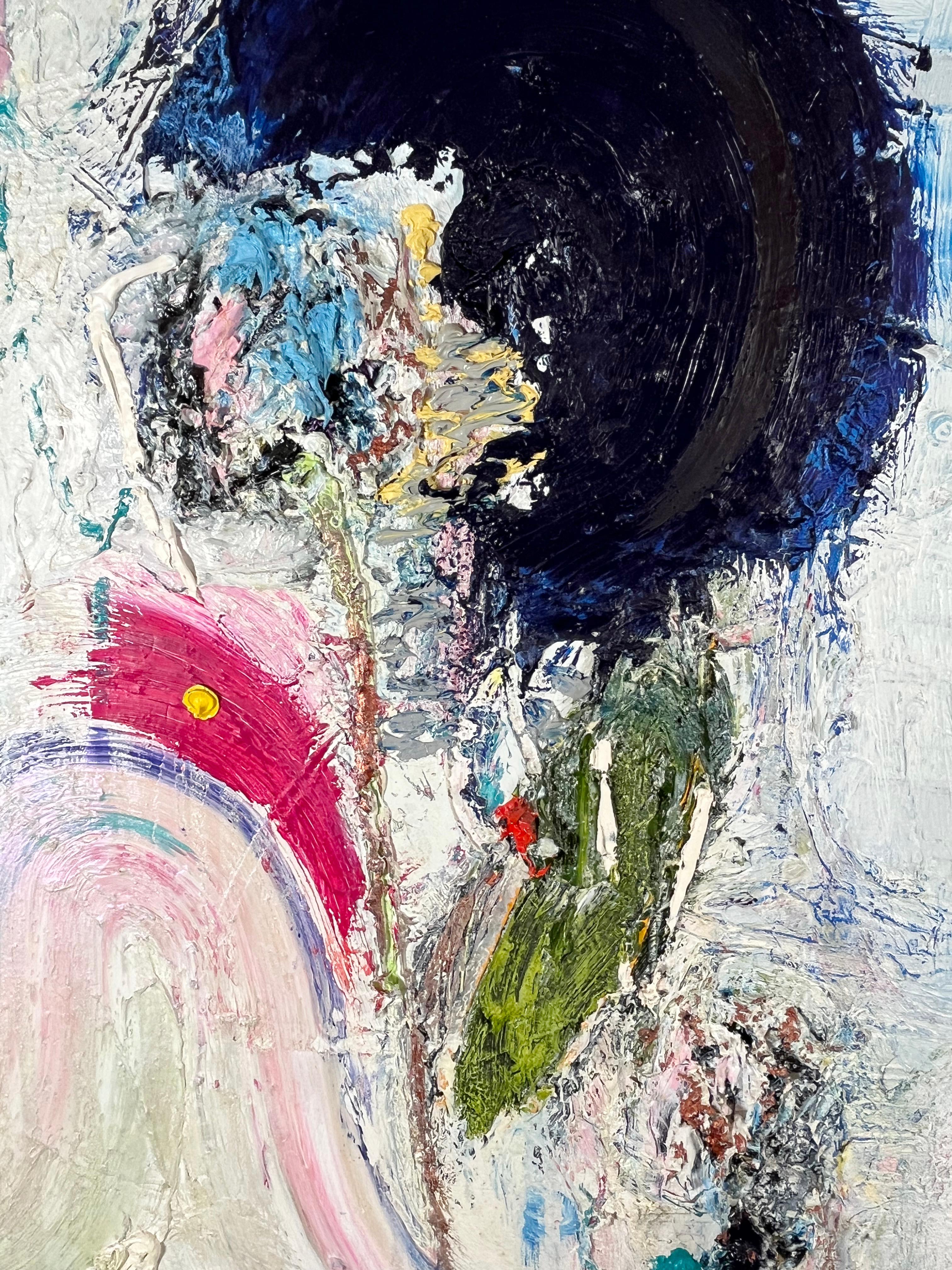 Blue Moon, heavily textured surface oil abstract painting, white blue and pink For Sale 2