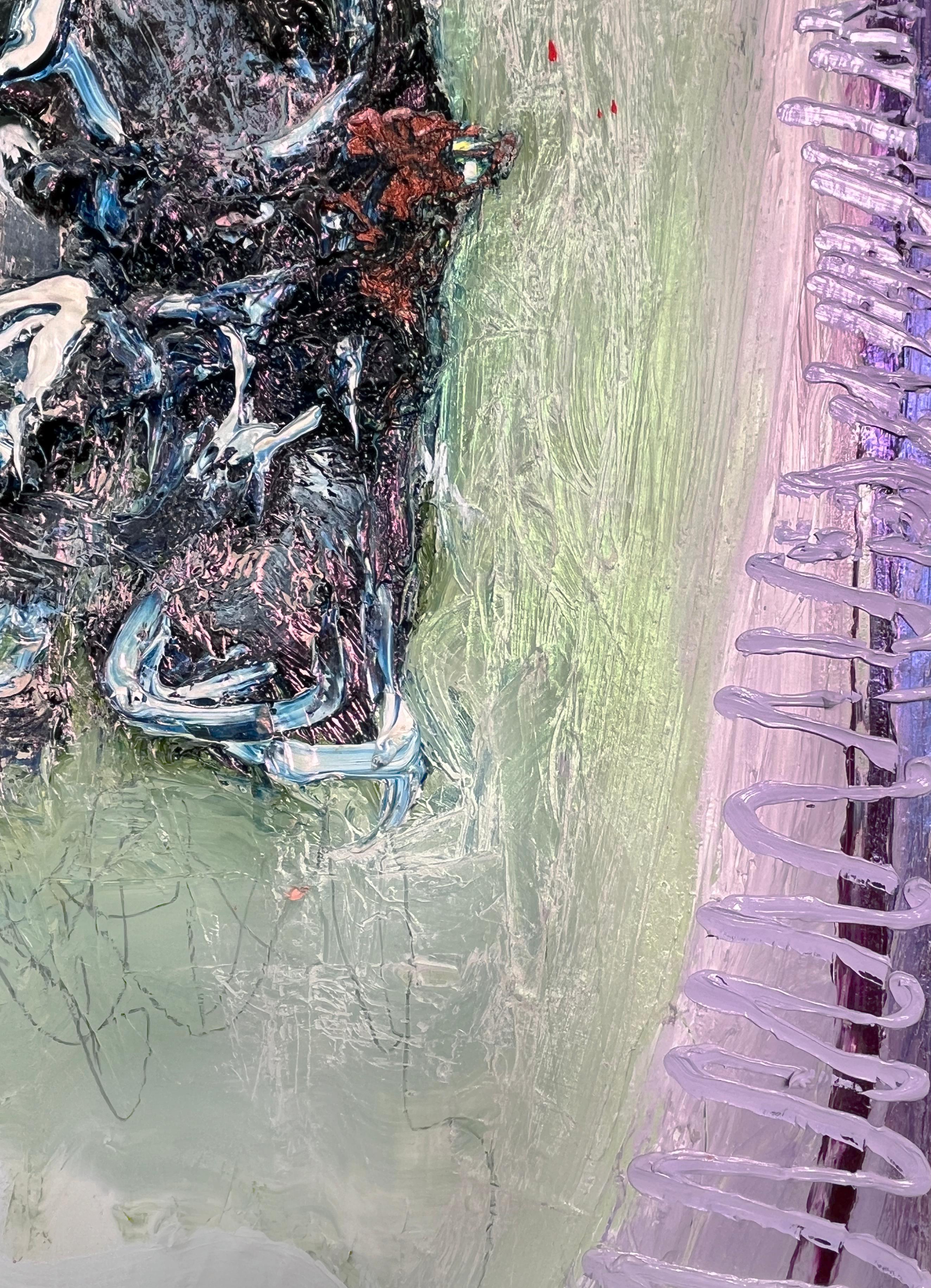 Blue Moon, heavily textured surface oil abstract painting, white blue and pink For Sale 4