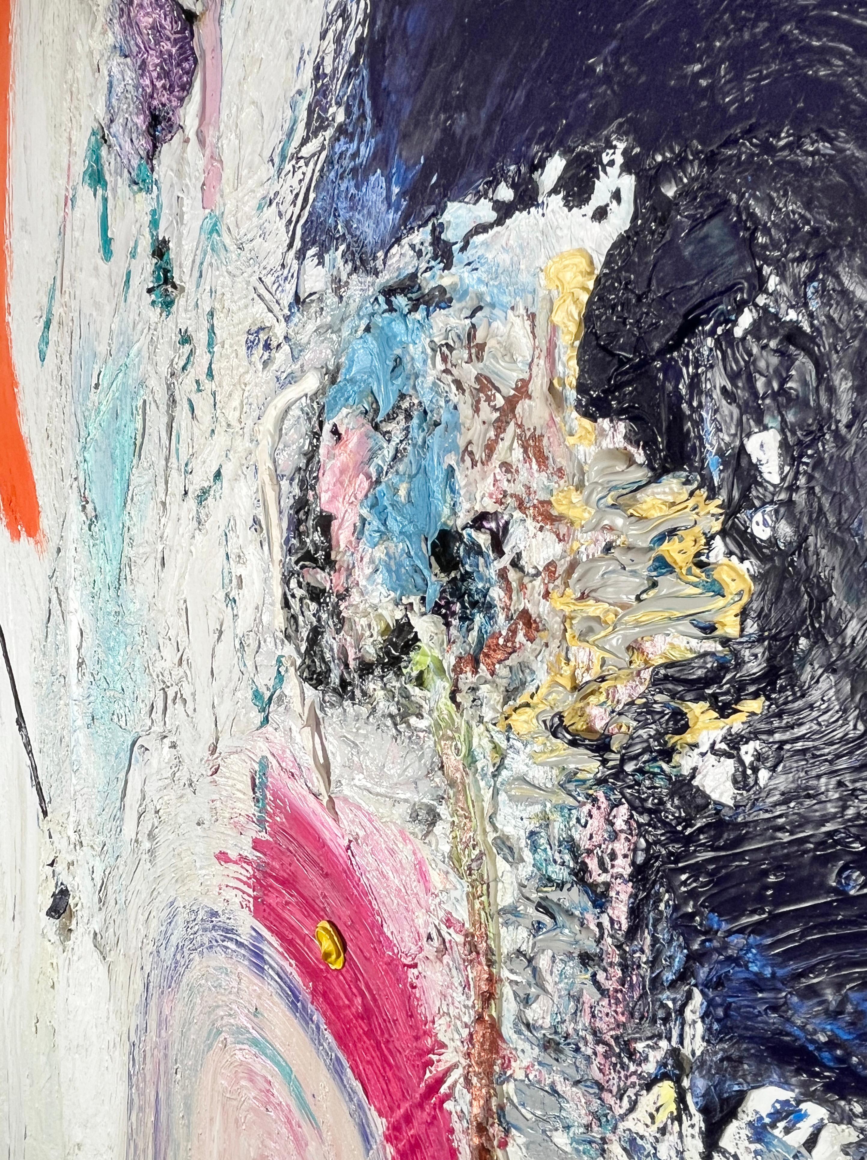 Blue Moon, heavily textured surface oil abstract painting, white blue and pink For Sale 5