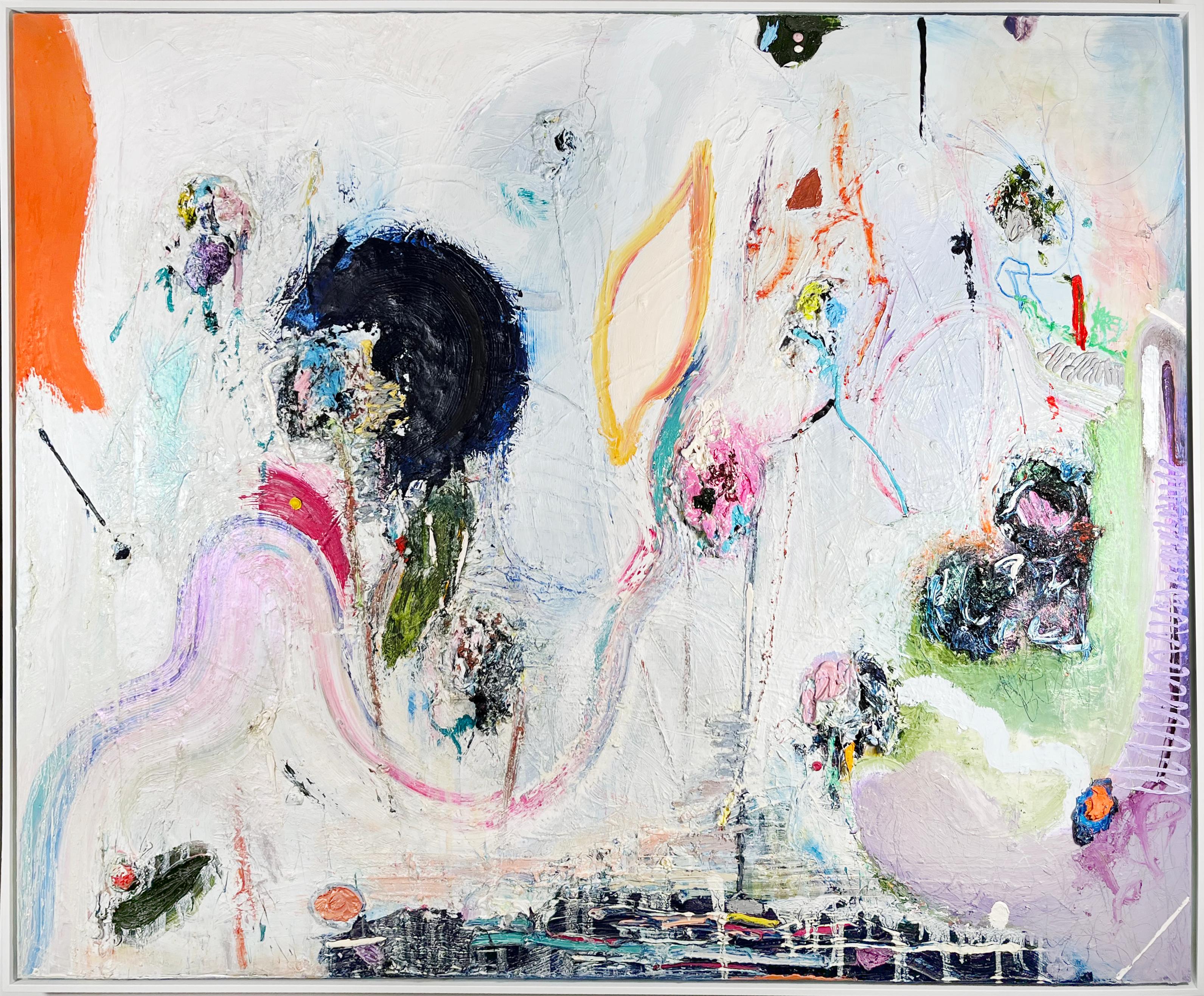Blue Moon, heavily textured surface oil abstract painting, white blue and pink For Sale 6