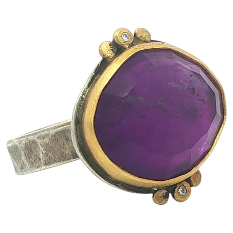 Anand Silver & 22k Gold Freeform Rose Cut Faceted Amethyst w/ Diamond Ring