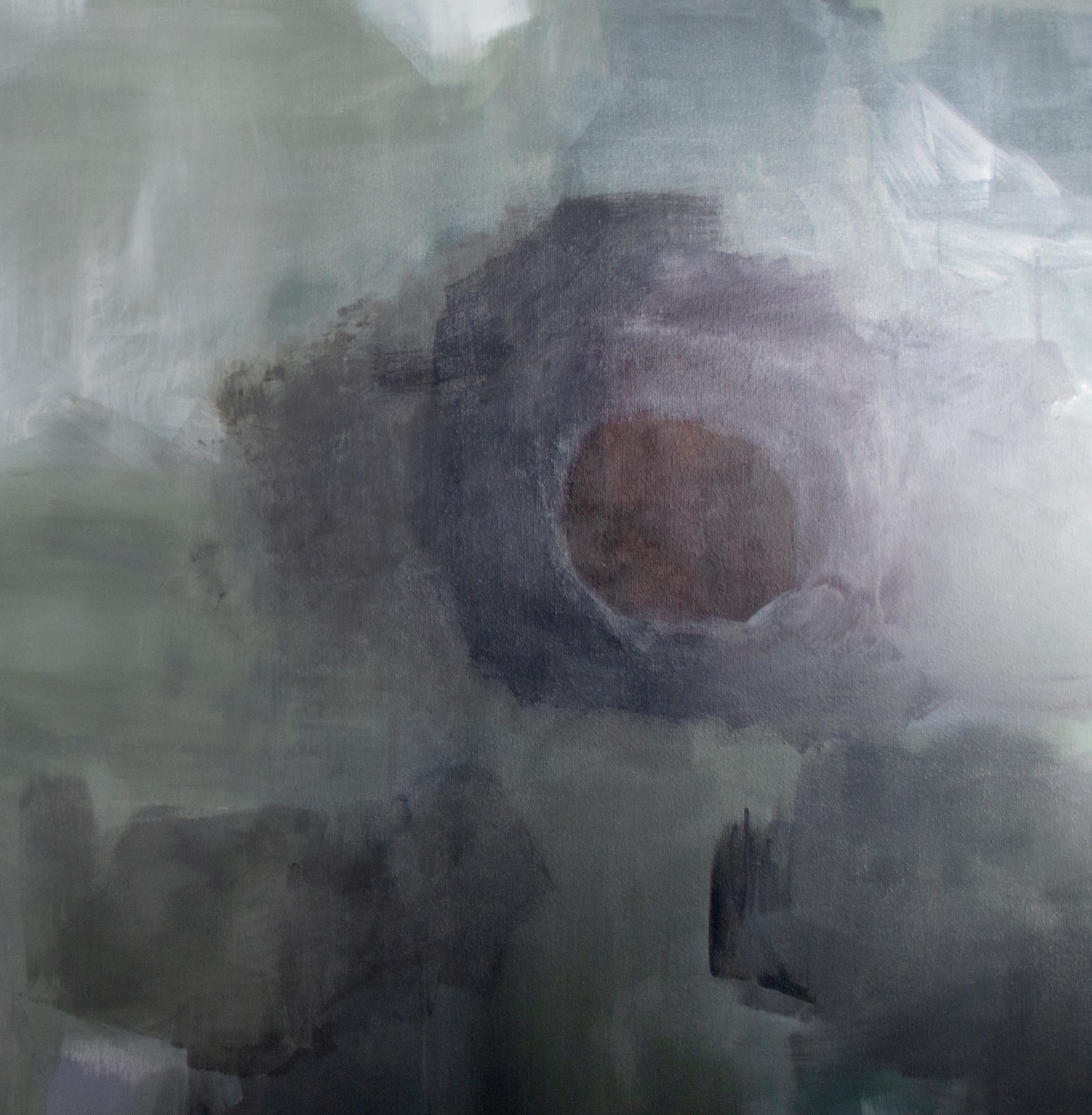 'When Yin Meets Yang For the First Time' oil abstract achromatic moon sky signed - Painting by Ananda Kesler