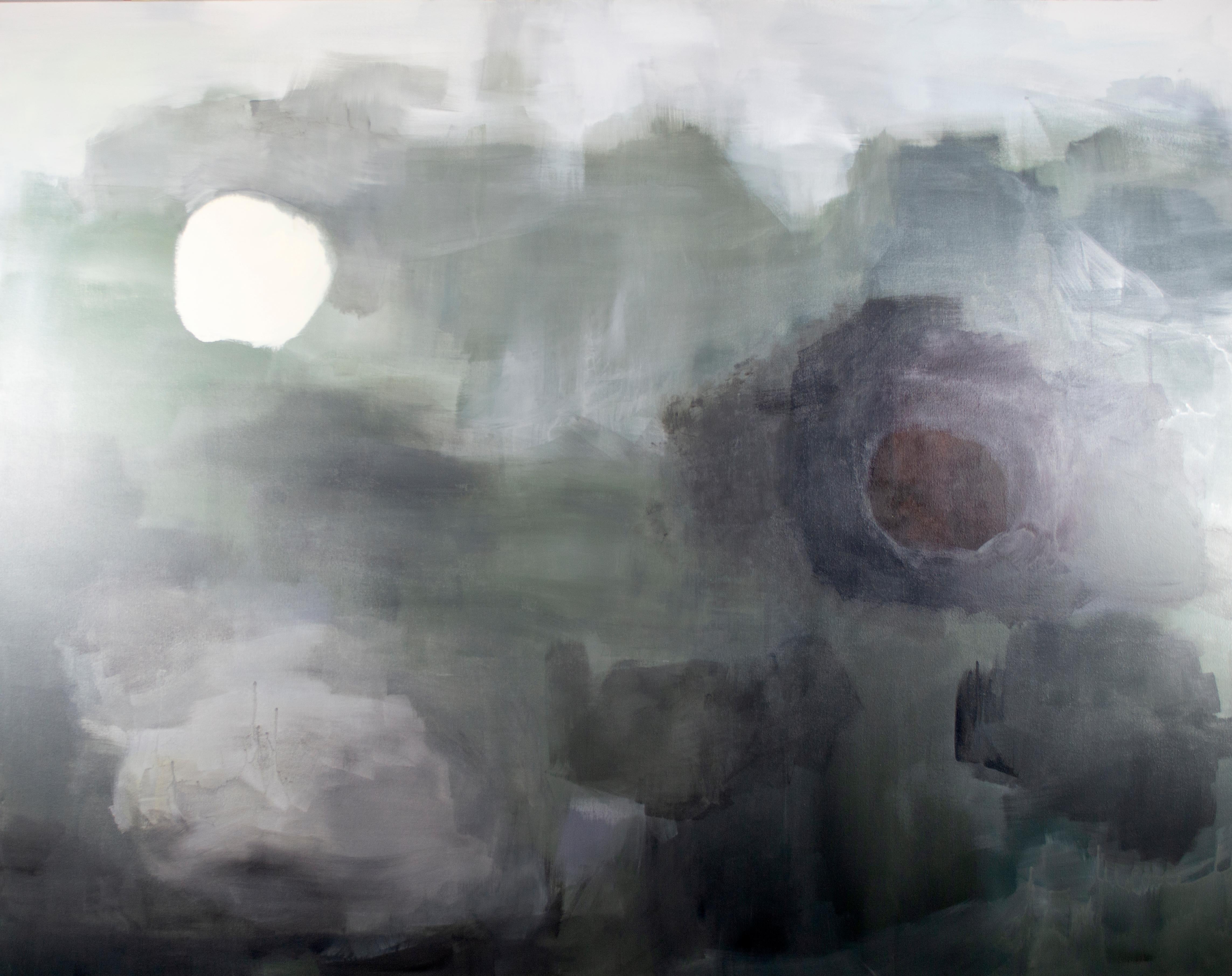 Abstract Painting Ananda Kesler - « Quand Yin rencontre Yang pour la première fois », huile abstraite achromatique ciel de lune signée
