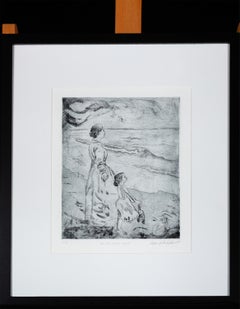 Contemporary female artist etching female figures seascape signed 
