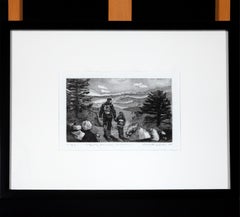 Contemporary female artist etching figures landscape father and son signed 
