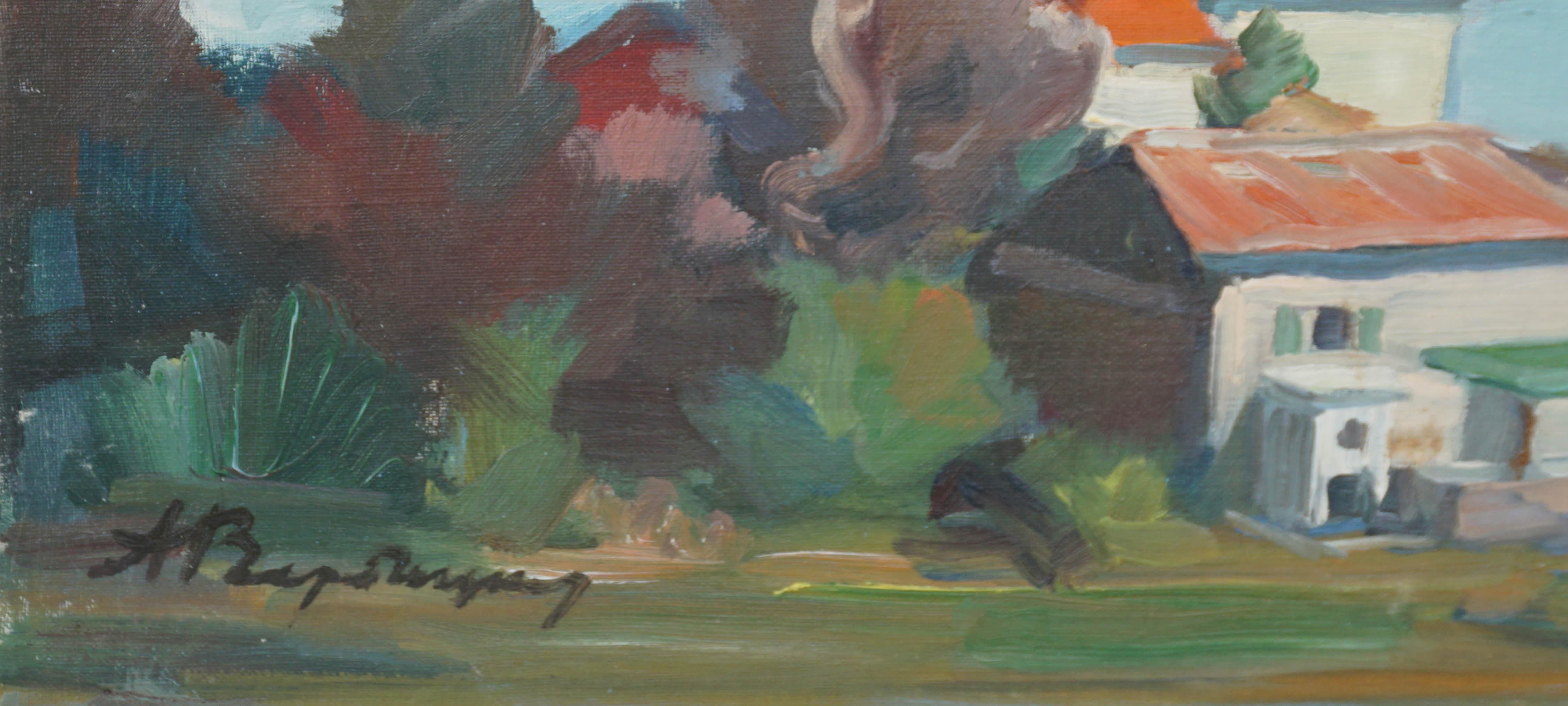 Costa croata de mediados de siglo con paisaje de veleros - Landscape Painting Azul de Anany Alexeevich Verbitsky