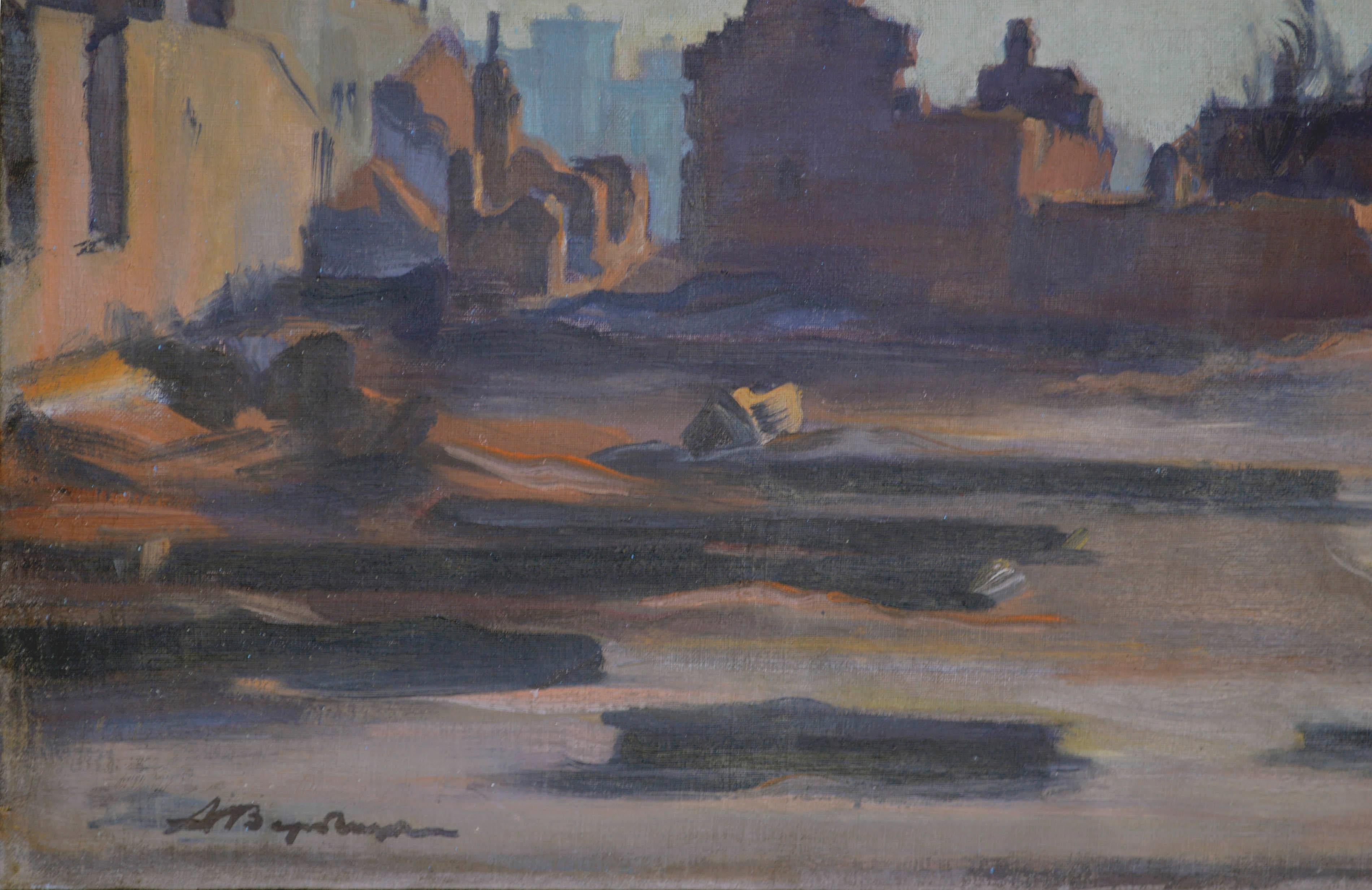Industrielle Szene aus der Mitte des Jahrhunderts und Kirchenruinen Russisches Stadtbild (Impressionismus), Painting, von Anany Alexeevich Verbitsky