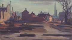Industrielle Szene aus der Mitte des Jahrhunderts und Kirchenruinen Russisches Stadtbild
