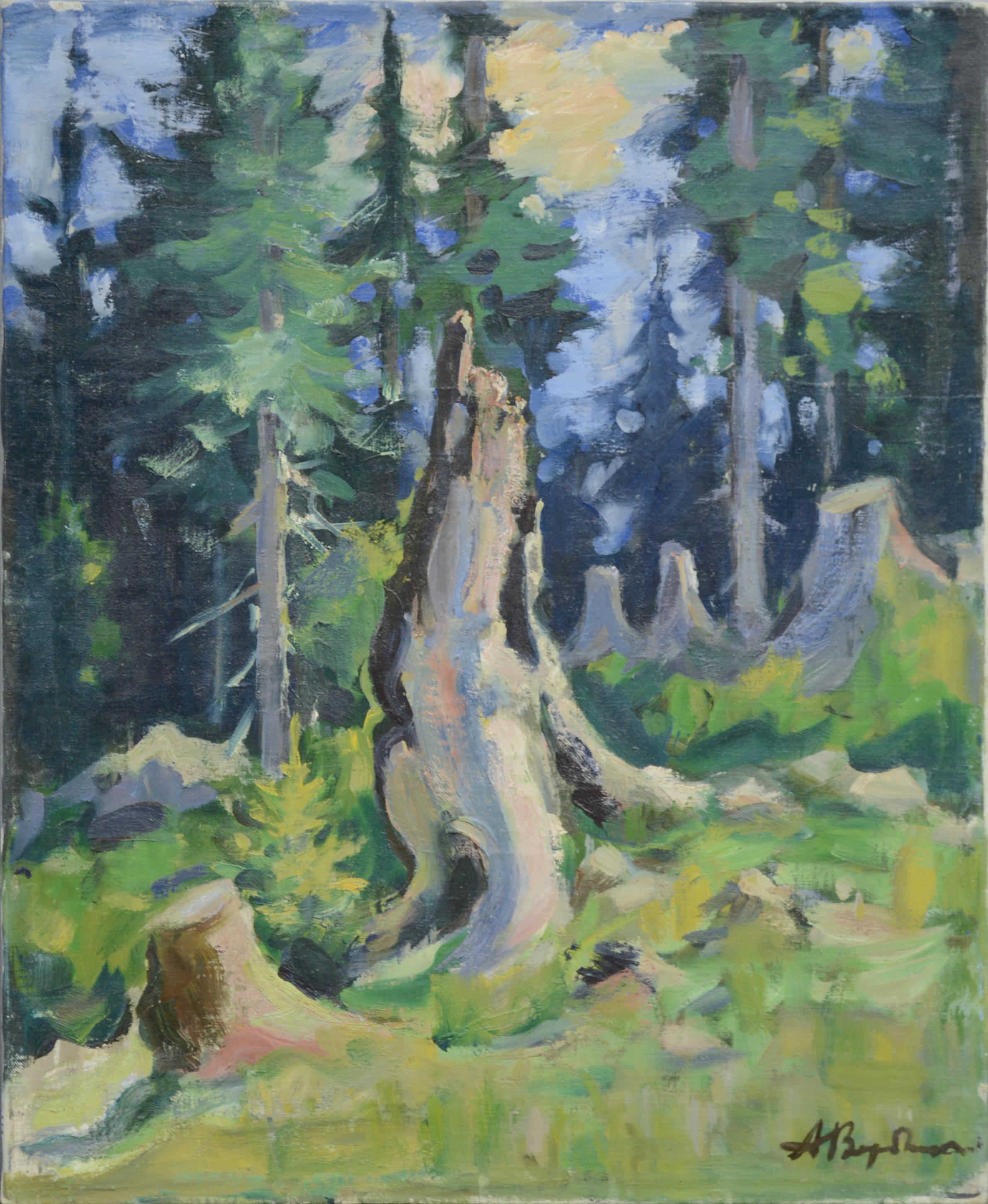 Modernist Mid Century Forest by Anany Alexeevich Verbitsky  
Beautiful mid century forest landscape depicting a clearing in the dense evergreen trees by Verbitsky Anani Alexeevich (Russian, 1895-1974)
 Signed in the lower right corner "А. Вербицкий"