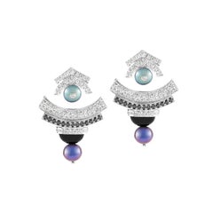 Ananya Celeste Earrings Set with Black Diamonds, Black Onyx, Pearls and Diamonds