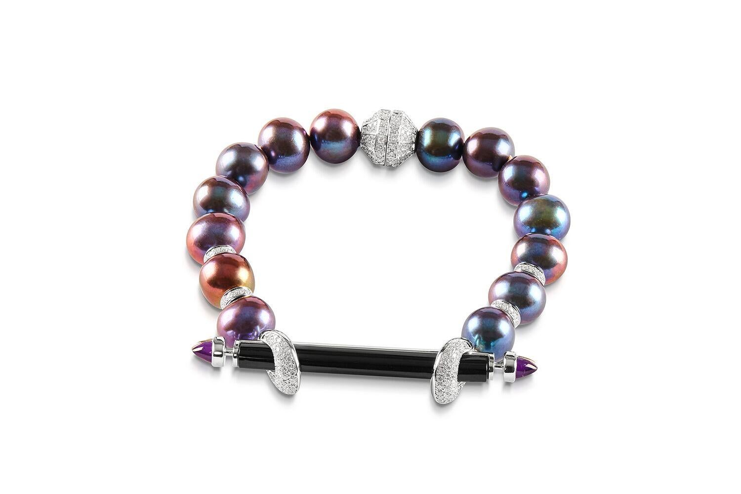 ANANYA CHAKRA BRACELET SET WITH ONYX, AMETHYST, PEARLS AND DIAMONDS


Set in 18K White gold


Total diamond weight: 1.50 ct
Color: F-G
Clarity: VVS1

Total cabochon amethyst : 0.44 ct

Black freshwater pearls
Diameter - 50 mm