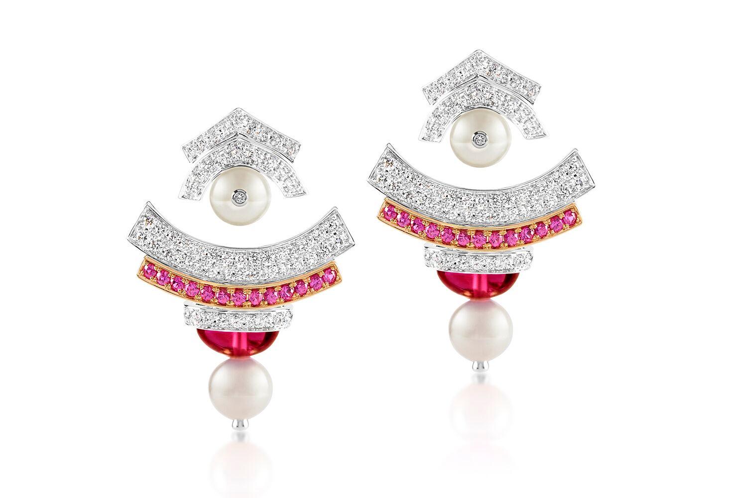 Modern Ananya Ear Jacket Earrings Set with Pink Sapphires, Tourmaline and Diamonds For Sale