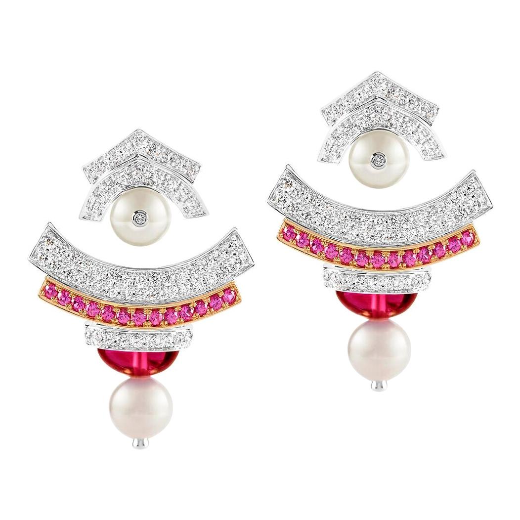 Ananya Ear Jacket Earrings Set with Pink Sapphires, Tourmaline and Diamonds For Sale