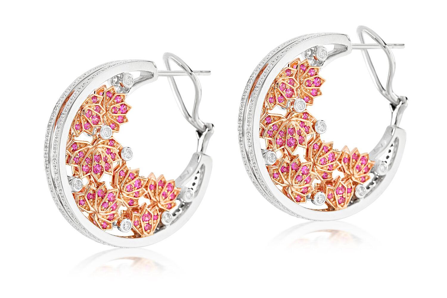 Modern Ananya Lotus Samsara Earrings Set with Pink Sapphires and Diamonds For Sale