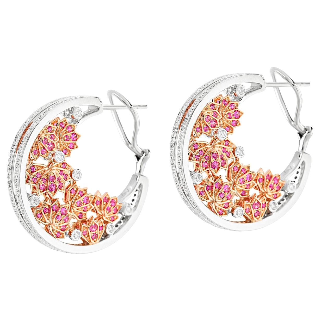 Ananya Lotus Samsara Earrings Set with Pink Sapphires and Diamonds For Sale