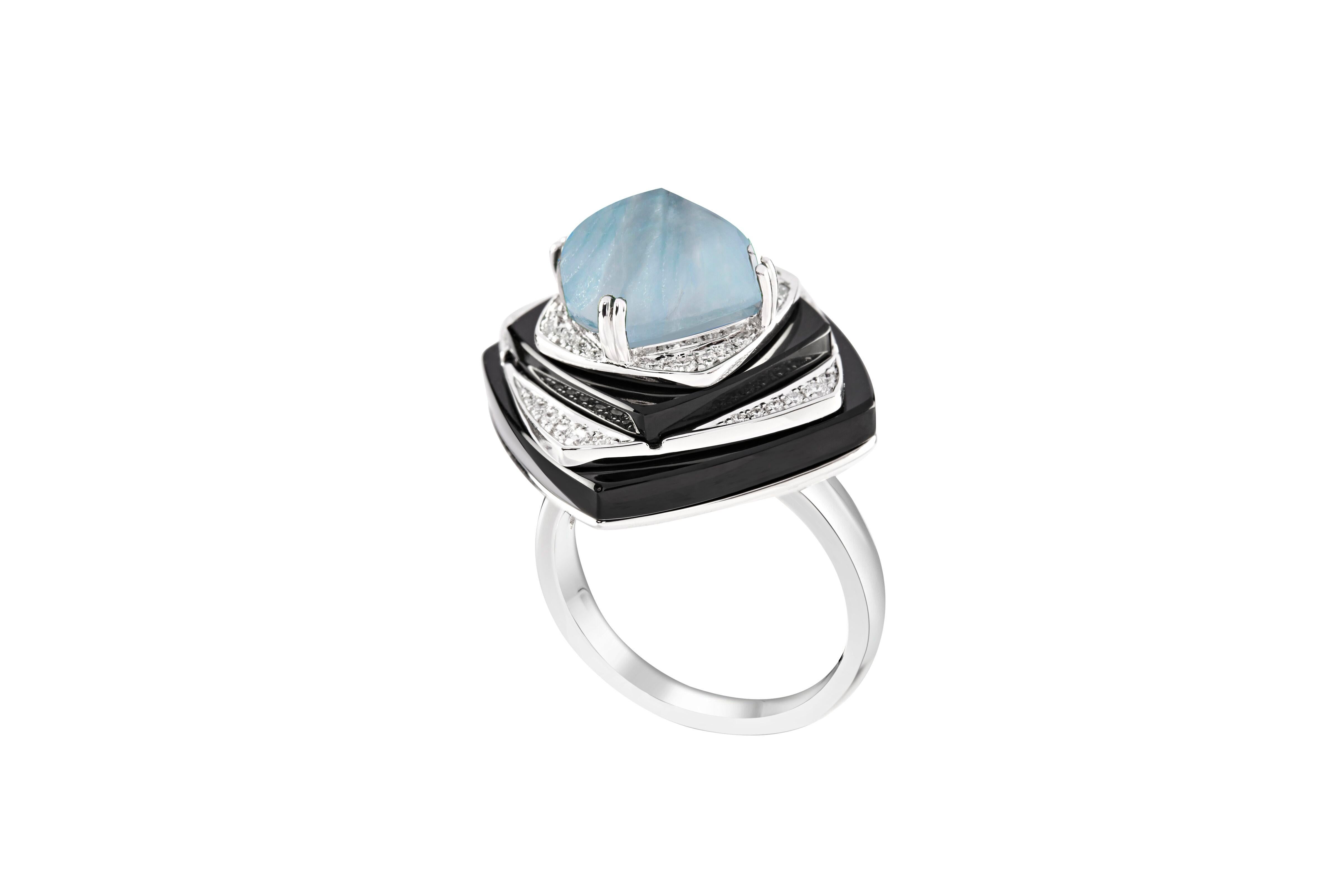 Ananya Nazar Ring set with Aquamarine, Onyx and Diamonds
Set in 18K White gold

Total diamond weight: 0.23 ct
Color: F-G
Clarity: VVS1

Total aquamarine weight: 3.68 ct

Total black onyx weight: 16.29 ct

Diameter - 17mm