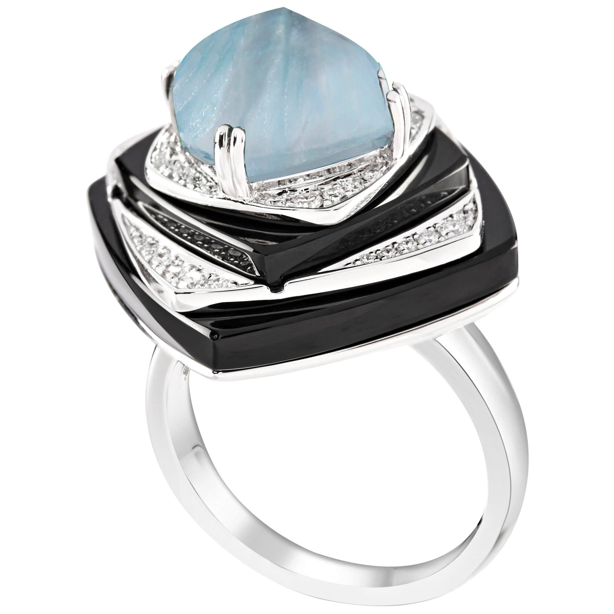 Ananya Nazar Ring Set with Aquamarine, Onyx and Diamonds For Sale