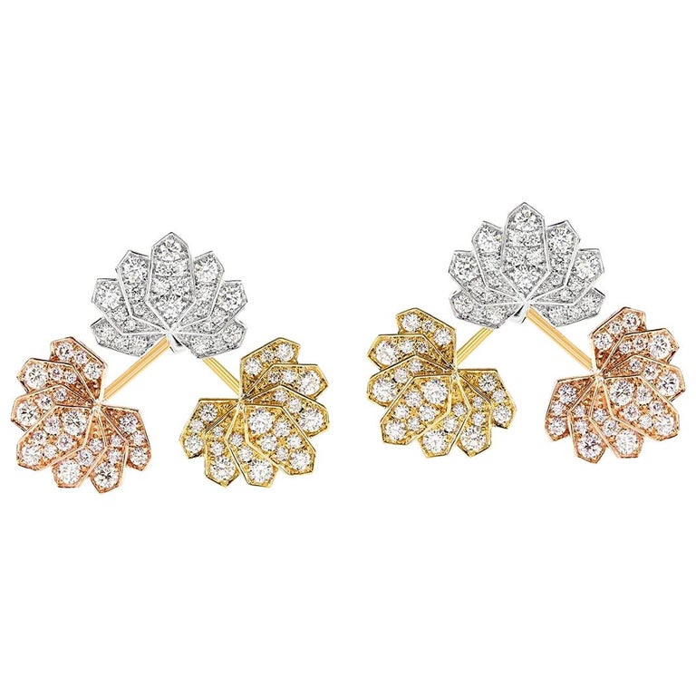 Ananya Tri-Color Lotus Ear Jacket set with Diamonds For Sale at 1stDibs