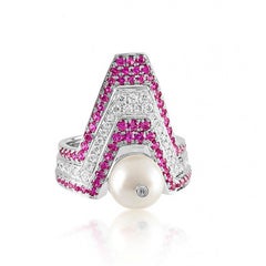 Ananya White Gold Balance Twin Ring set with a Pearl, Pink Sapphires and Diamond