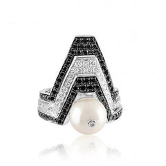 Ananya White Gold Balance Twin Ring Set with a Pearl, White and Black Diamonds