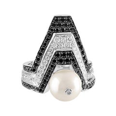 Ananya White Gold Balance Twin Ring Set with a Pearl, White and Black Diamonds