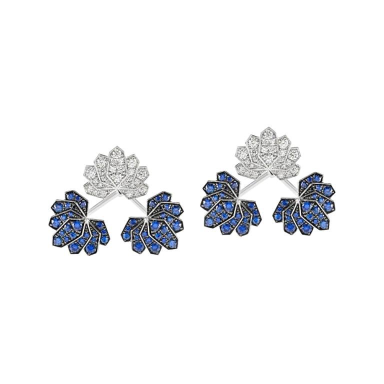Ananya White Gold Lotus Ear Jacket Set with Blue Sapphires and Diamonds For Sale