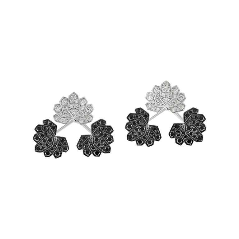 Ananya White Gold Lotus Ear Jacket Set with White and Black Diamonds For Sale