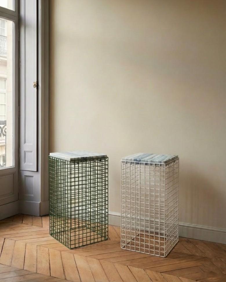 Minimalist Anasol Marble Top Side Table with Colored Steel Mesh Base For Sale