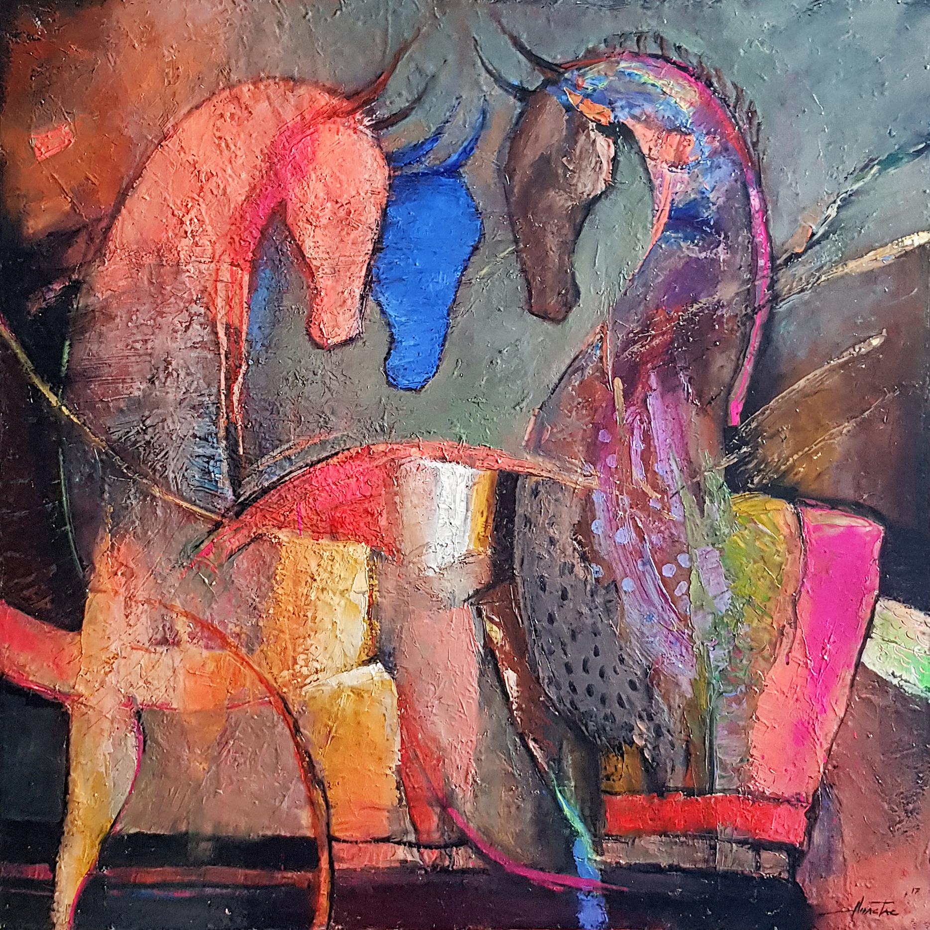 Anastas Kamburov Figurative Painting - Three Horses - Abstract Figurative Blue Green White Black Pink Yellow Purple