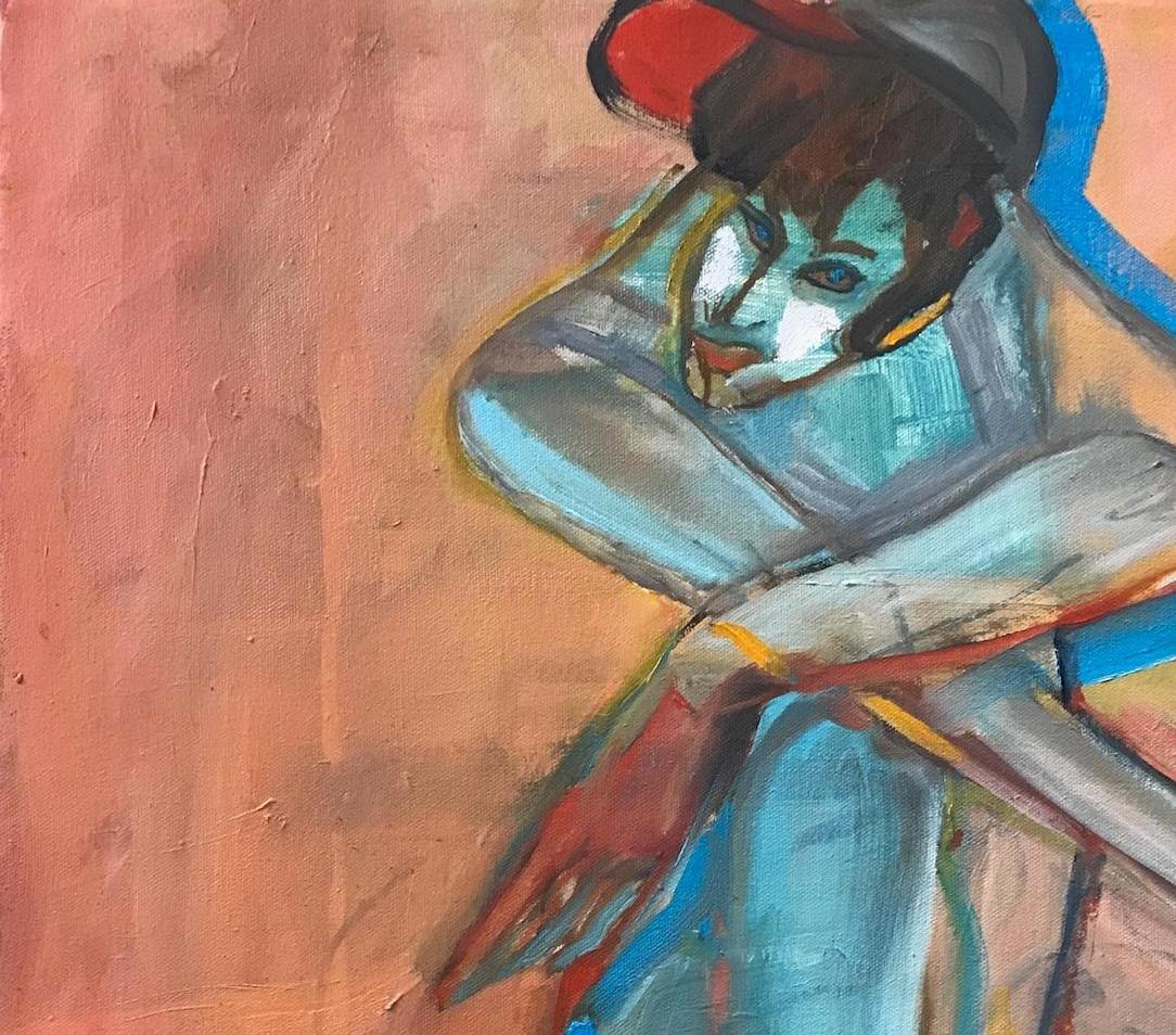 Blue boy - Brown Portrait Painting by Anastasia Aureum