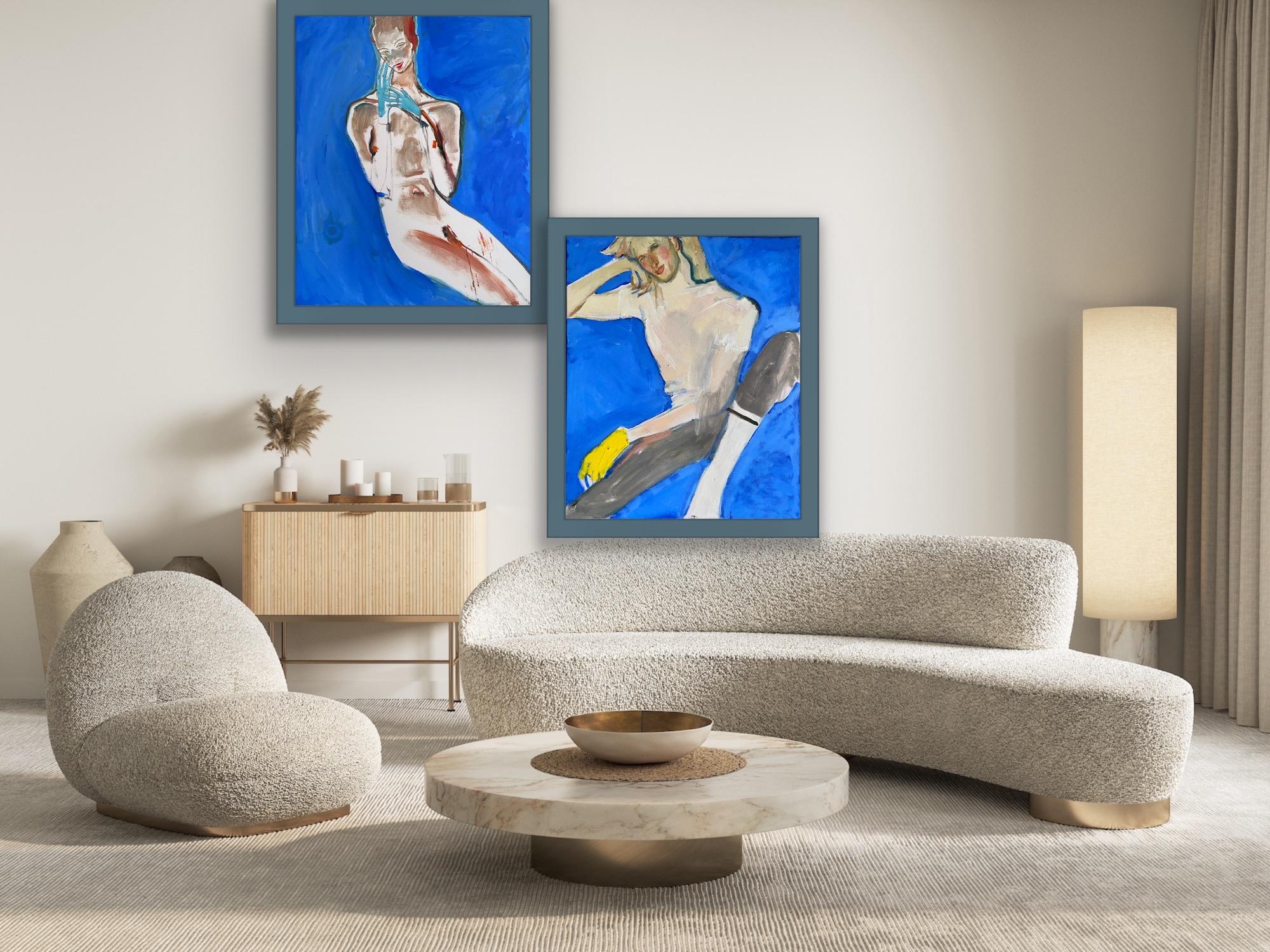 Lovers  nude erotic - Blue Figurative Painting by Anastasia Aureum