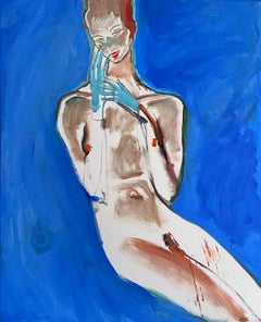 Retrato de amantes desnudos en azul, óleo realista sobre lienzo, siglo XXI