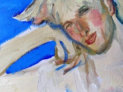 Retrato de amantes desnudos en azul, óleo realista sobre lienzo, siglo XXI