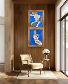 Portrait d'amoureux nus en bleu, huile réaliste sur toile, XXIe siècle