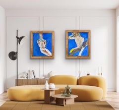 Portrait d'amoureux nus en bleu, huile réaliste sur toile, XXIe siècle
