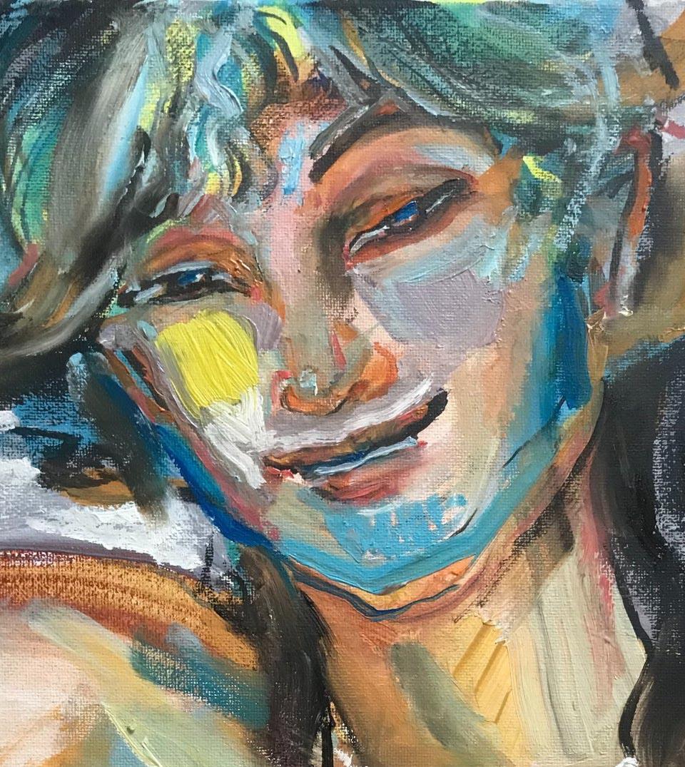 Smiling faun - Blue Abstract Painting by Anastasia Aureum