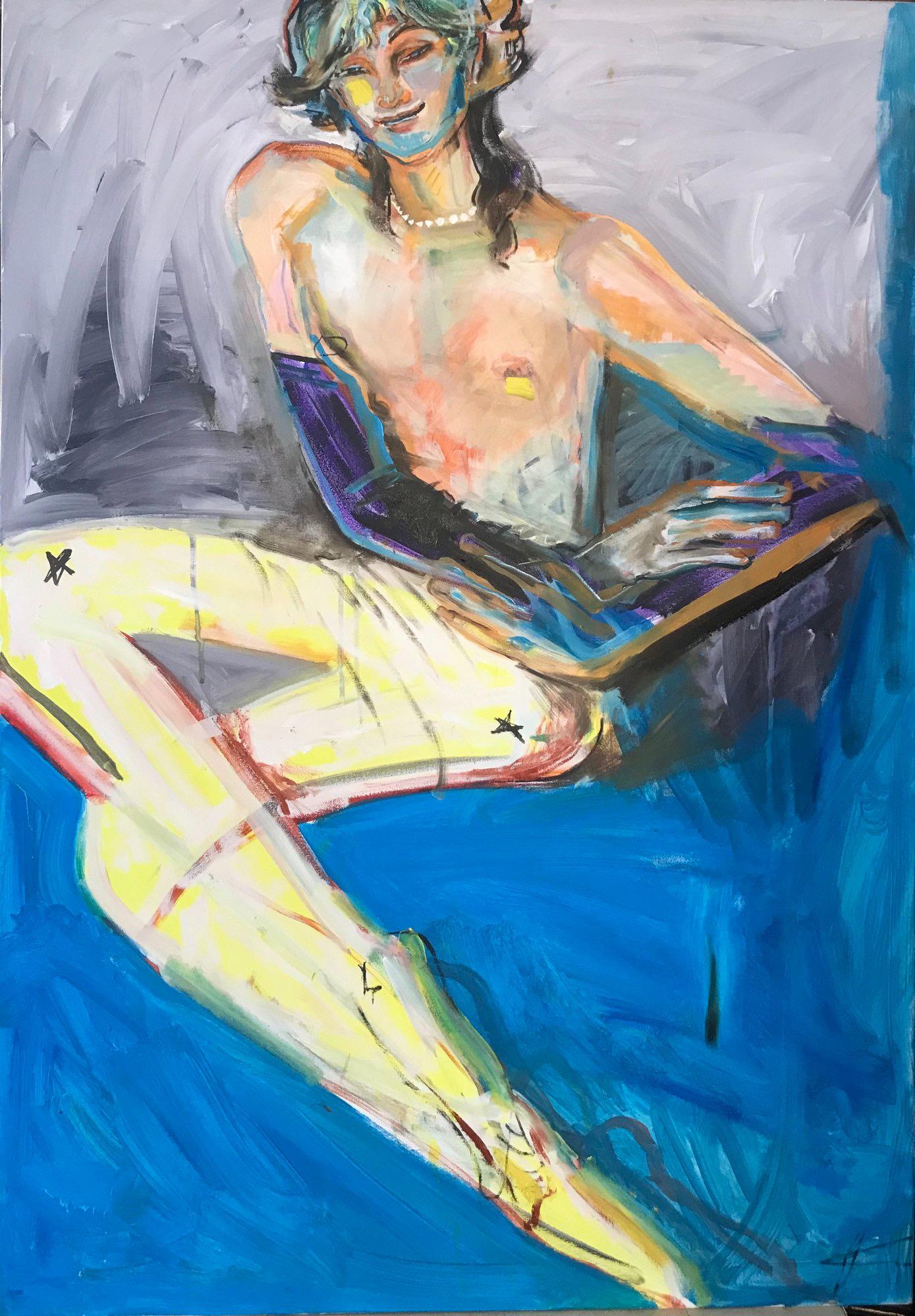 Nude Painting Anastasia Aureum - Figure couchée en bleu - Portrait expressionniste contemporain Nu érotique