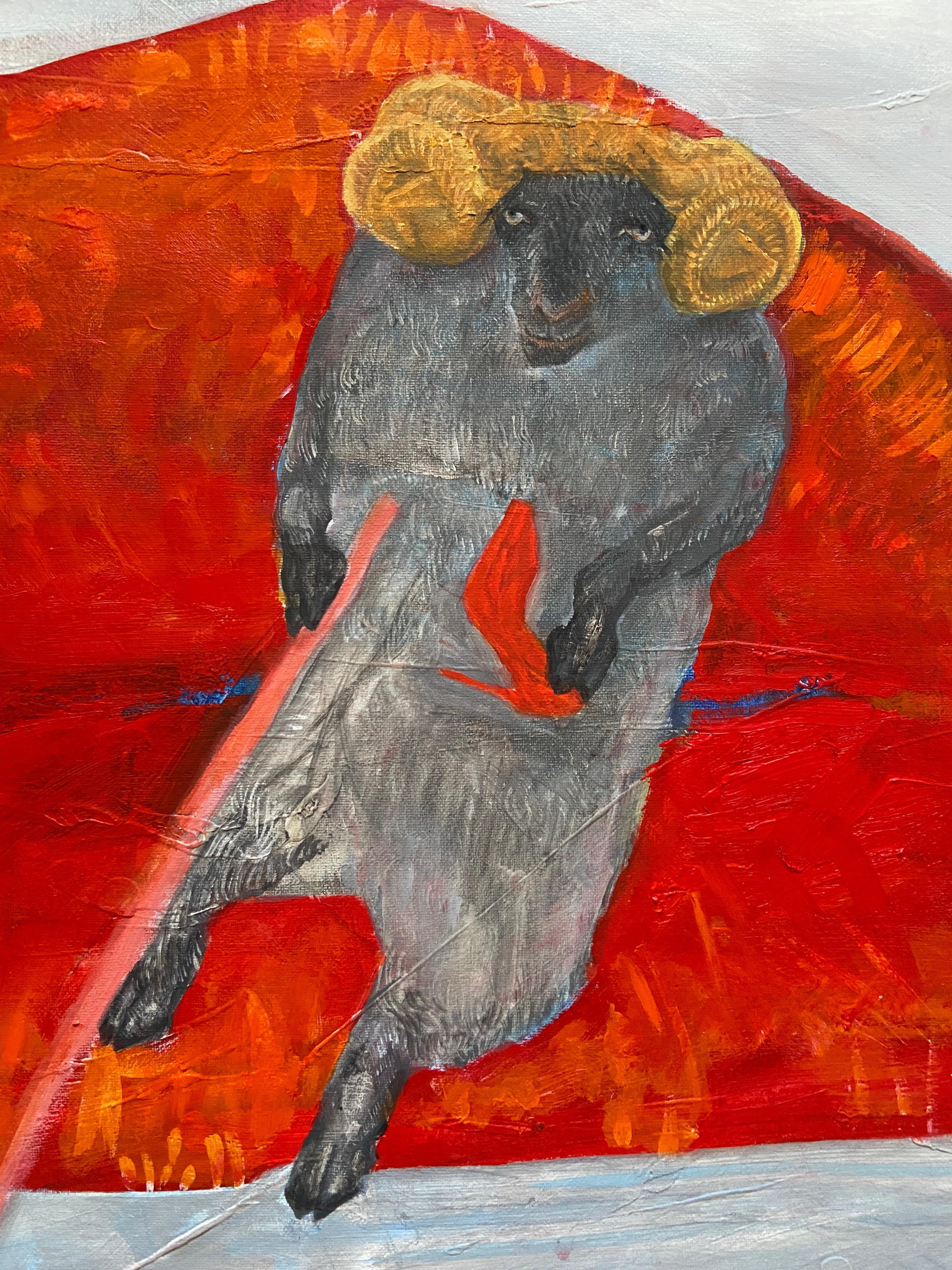 surréalisme, art, amour, rouge, lèvres, bélier, mouton, animal, figuratif, réalisme - Painting de Anastasia Aureum