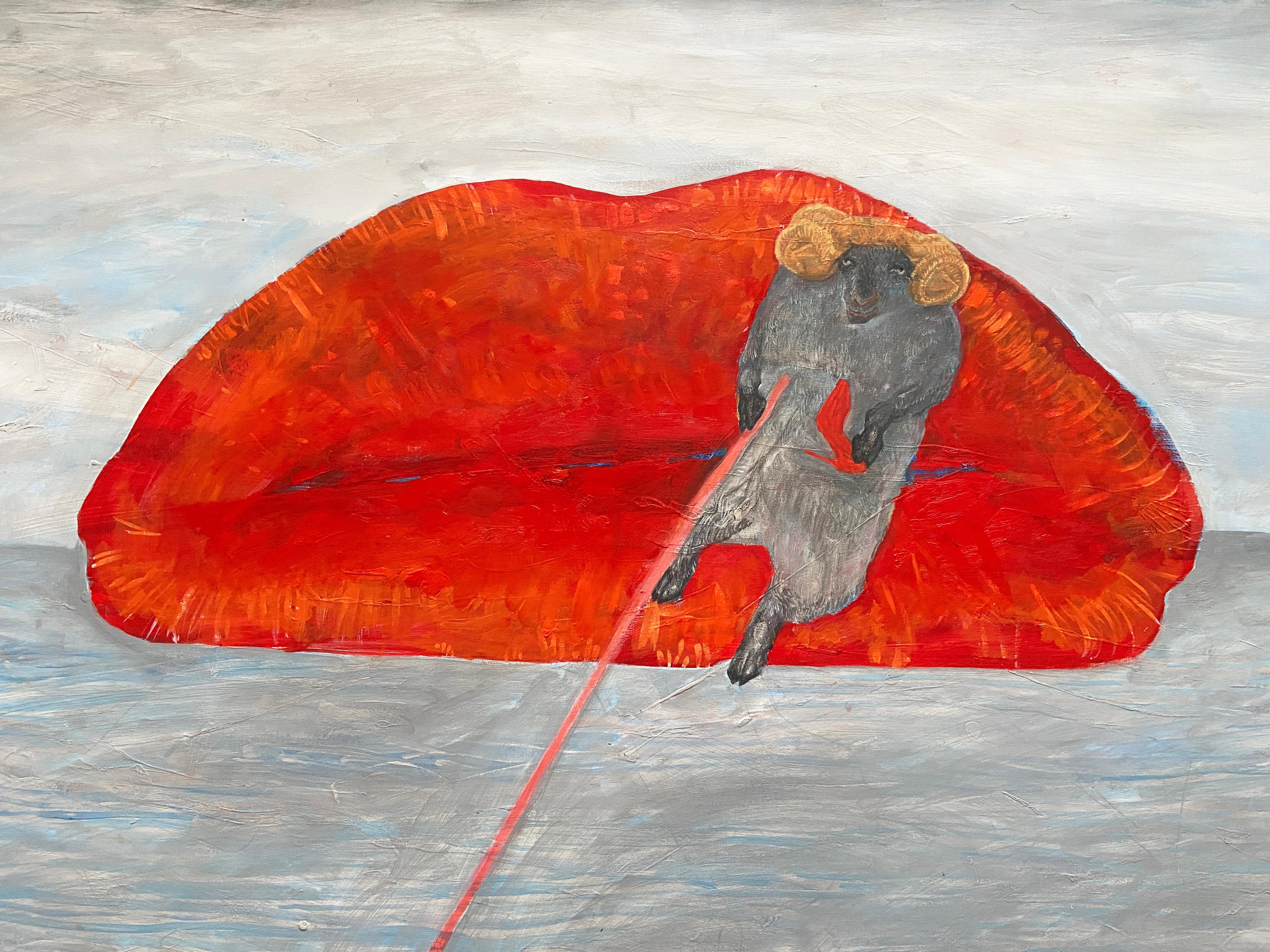 surréalisme, art, amour, rouge, lèvres, bélier, mouton, animal, figuratif, réalisme - Surréalisme Painting par Anastasia Aureum