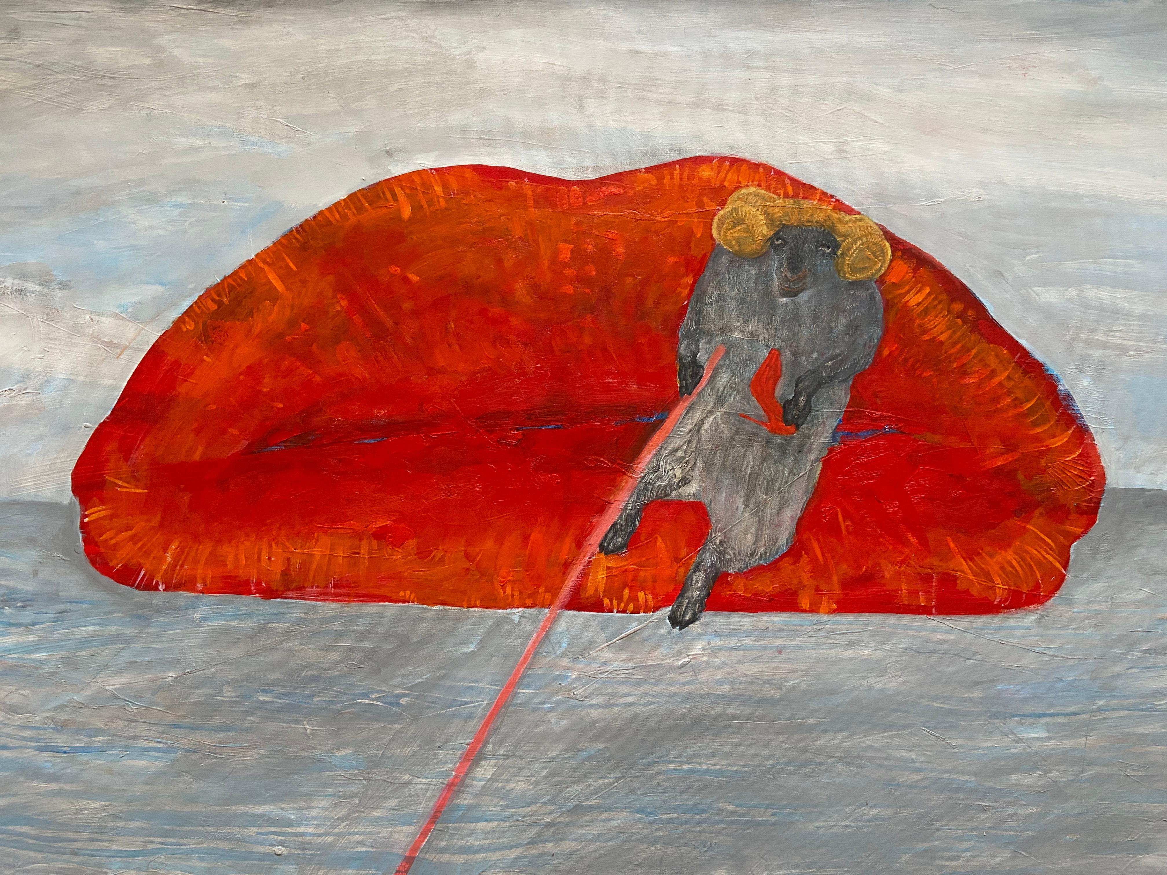 surréalisme, art, amour, rouge, lèvres, bélier, mouton, animal, figuratif, réalisme - Gris Figurative Painting par Anastasia Aureum